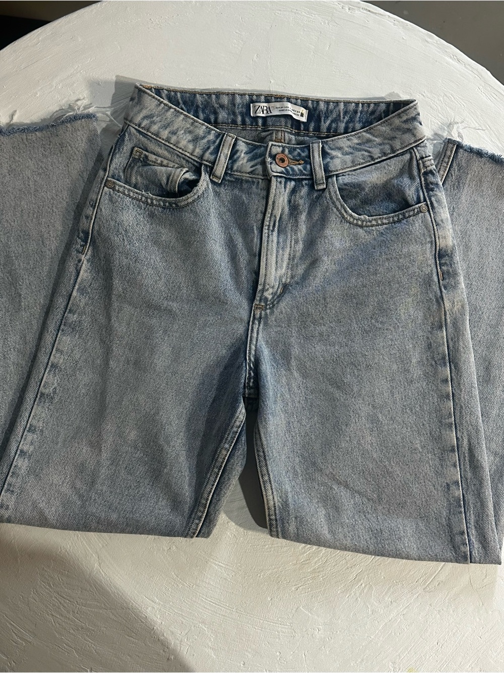 Zara Straight Fringe Raw Hem Light Washed Denim Jeans